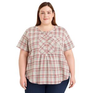 Liz Claiborne Size 3X Multi-Color Plaid All Cotton Blouse Short Sleeve Shirred